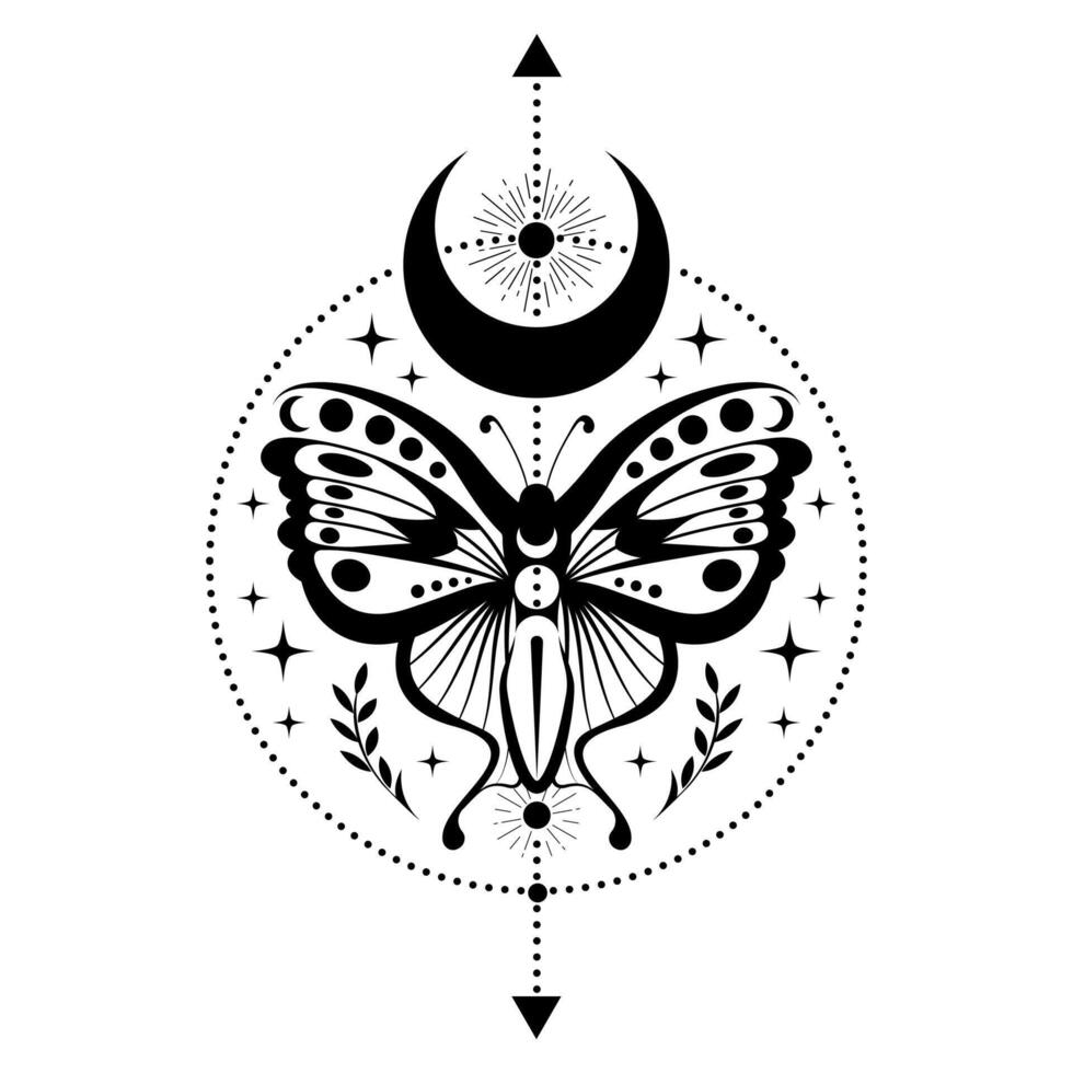 Mystic black moth, magic butterfly and crescent moon, sacred symbols for witchcraft, occult, esotericism, print, poster, tattoo. Vector pagan magical seal isolated on white background