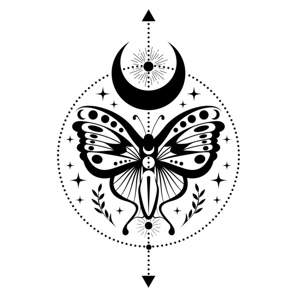 Mystic black moth, magic butterfly and crescent moon, sacred symbols for witchcraft, occult, esotericism, print, poster, tattoo. Vector pagan magical seal isolated on white background