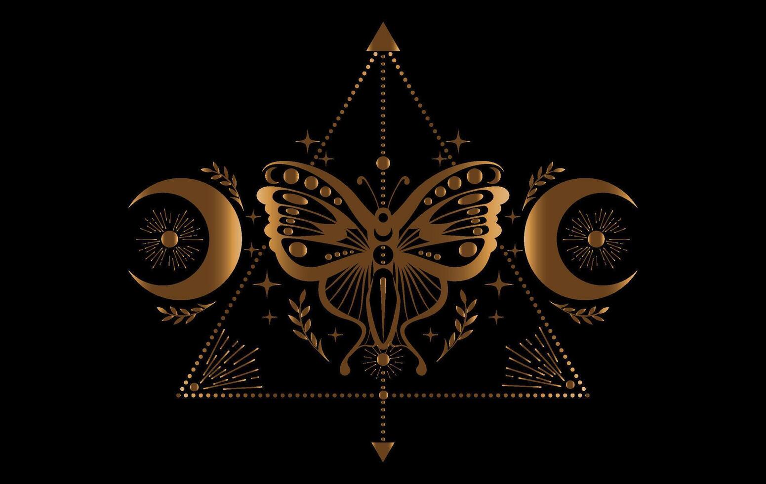 místico oro polilla, magia mariposa y creciente luna, sagrado símbolos para brujería, oculto, esoterismo, imprimir, póster. vector dorado pagano mágico sello aislado en negro antecedentes
