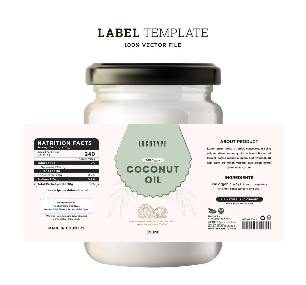 Coconut oil label packaging design product sticker natural cosmetic minimal minimalist design. vector