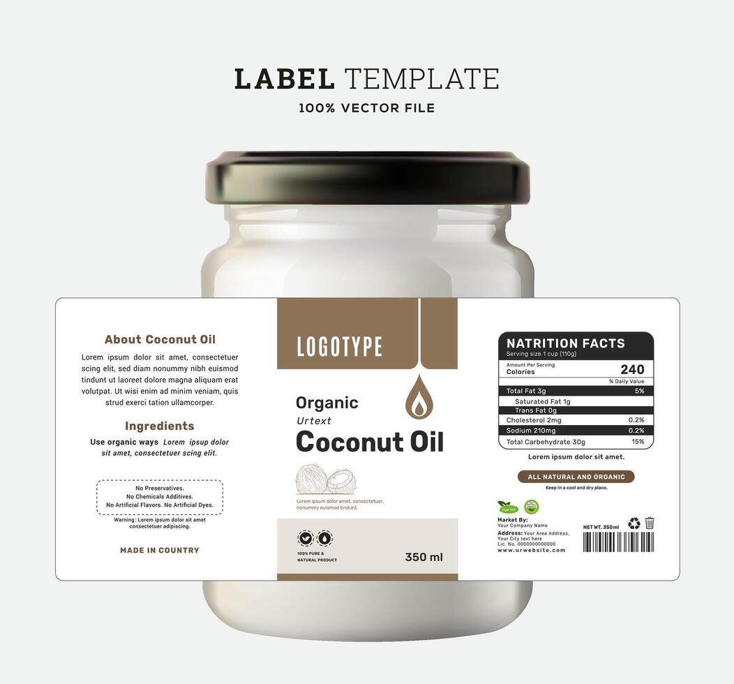 Coconut oil label packaging design product sticker natural cosmetic minimal minimalist design. vector