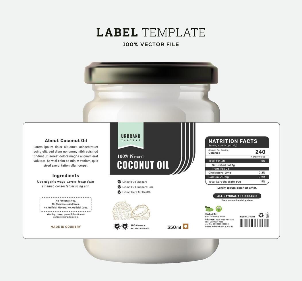 Coconut oil label packaging design product sticker natural cosmetic minimal minimalist design. vector