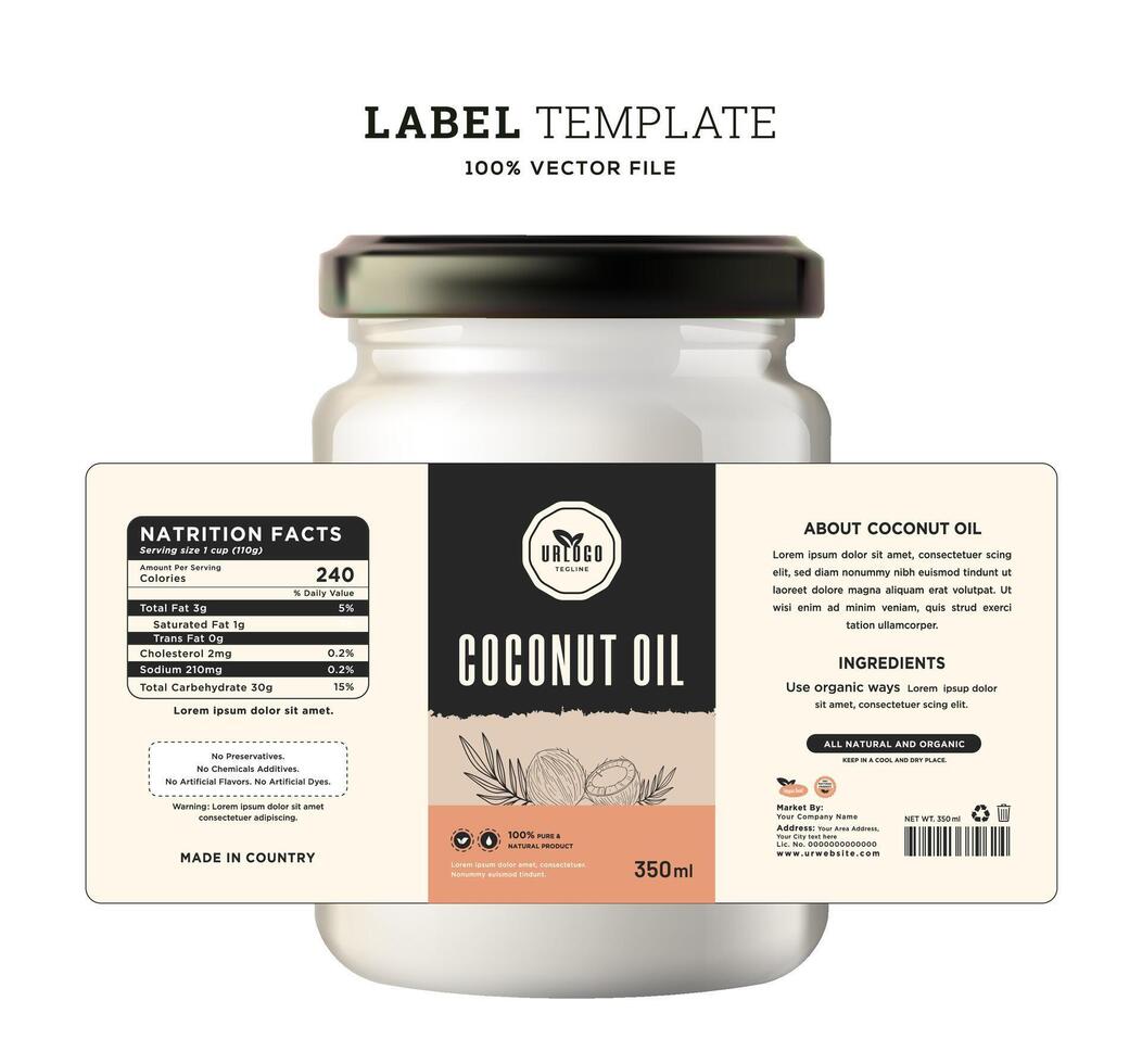 Coconut oil label packaging design product sticker natural cosmetic minimal minimalist design. vector