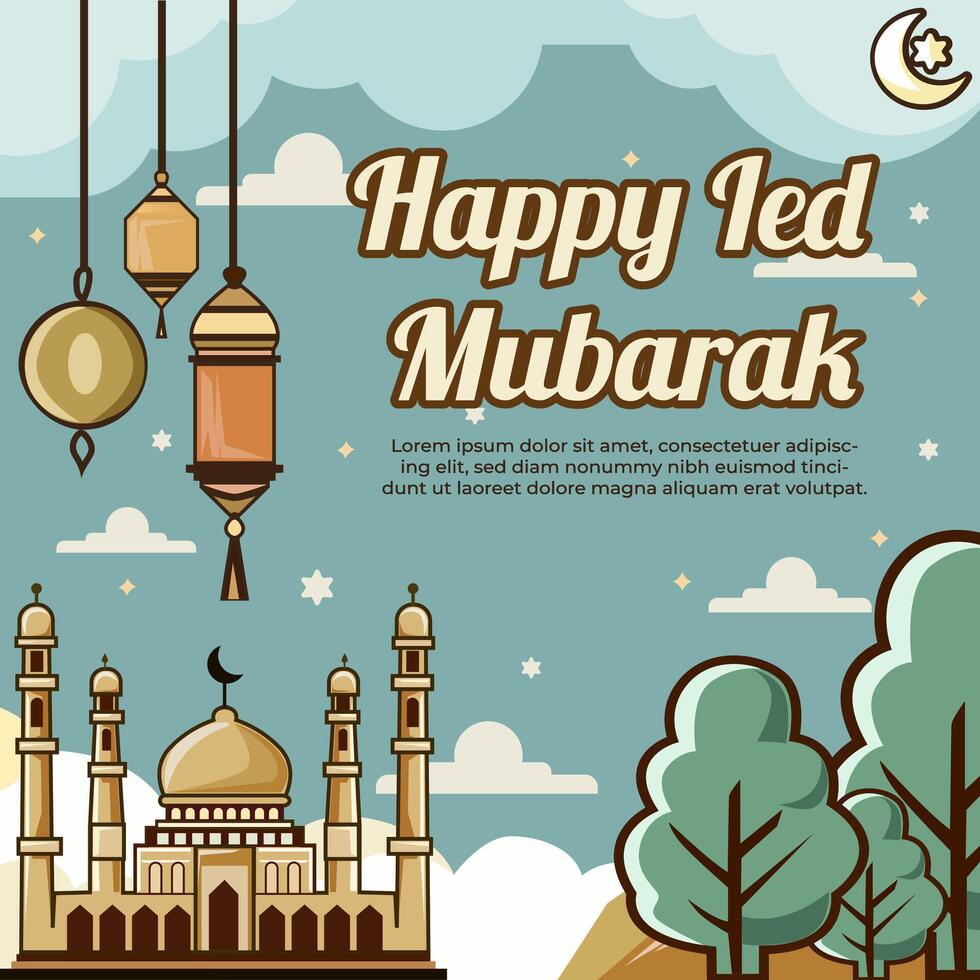 Happy Eid Mubarak Instagram Post template with Mosque and Tree Decorations vector