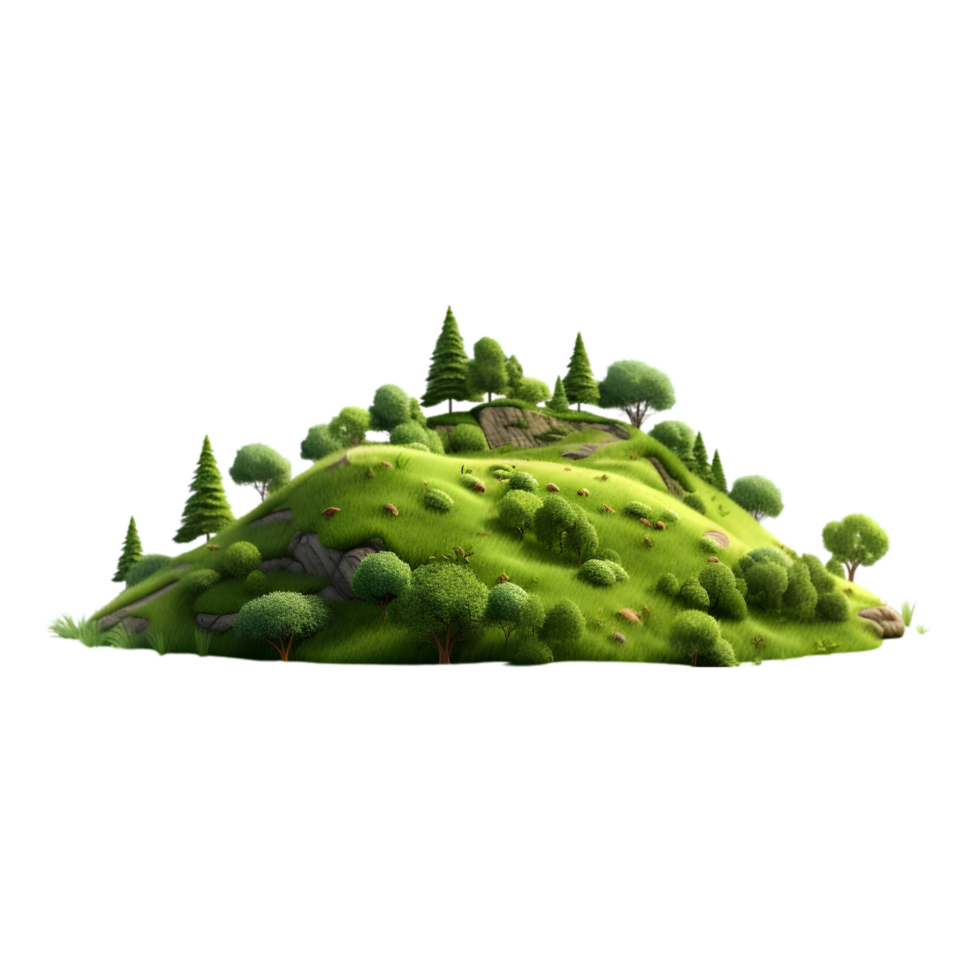 AI generated Green island with trees and grass 3d render on transparent background png file
