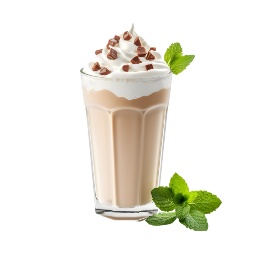 ai généré glacé Chocolat Milk-shake avec fouetté crème dans verre sur transparent Contexte png