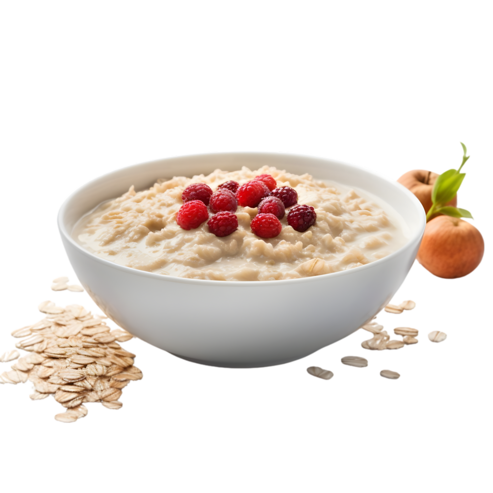 AI generated bowl of oatmeal with raspberries and mint leaves on transparent background png