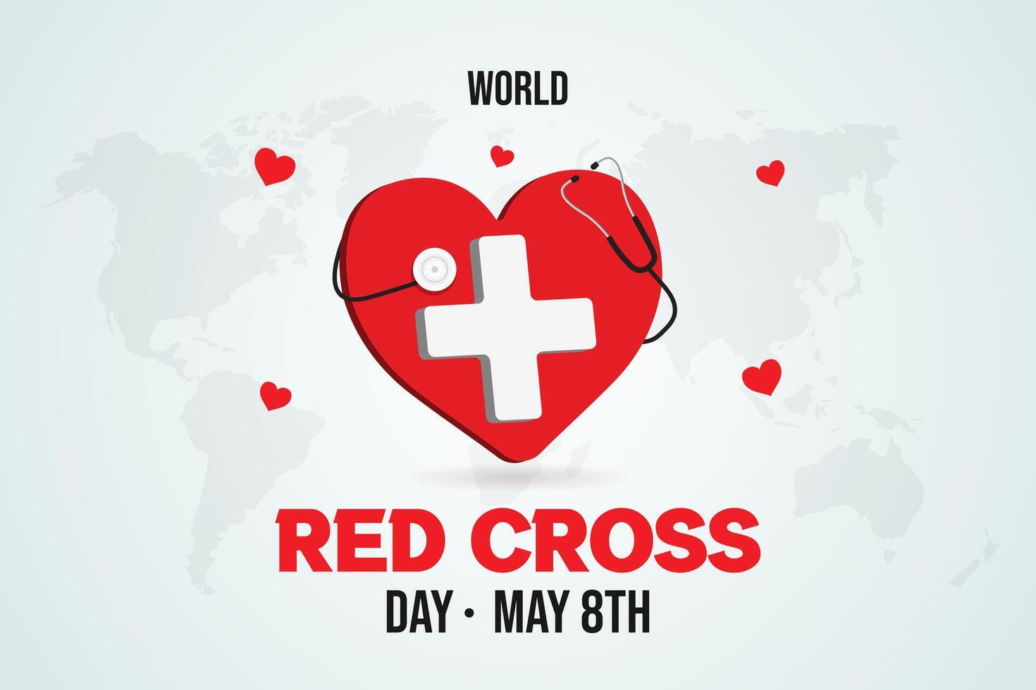 World Red Cross Day May 8th banner with cross and heart illustration on world map background vector