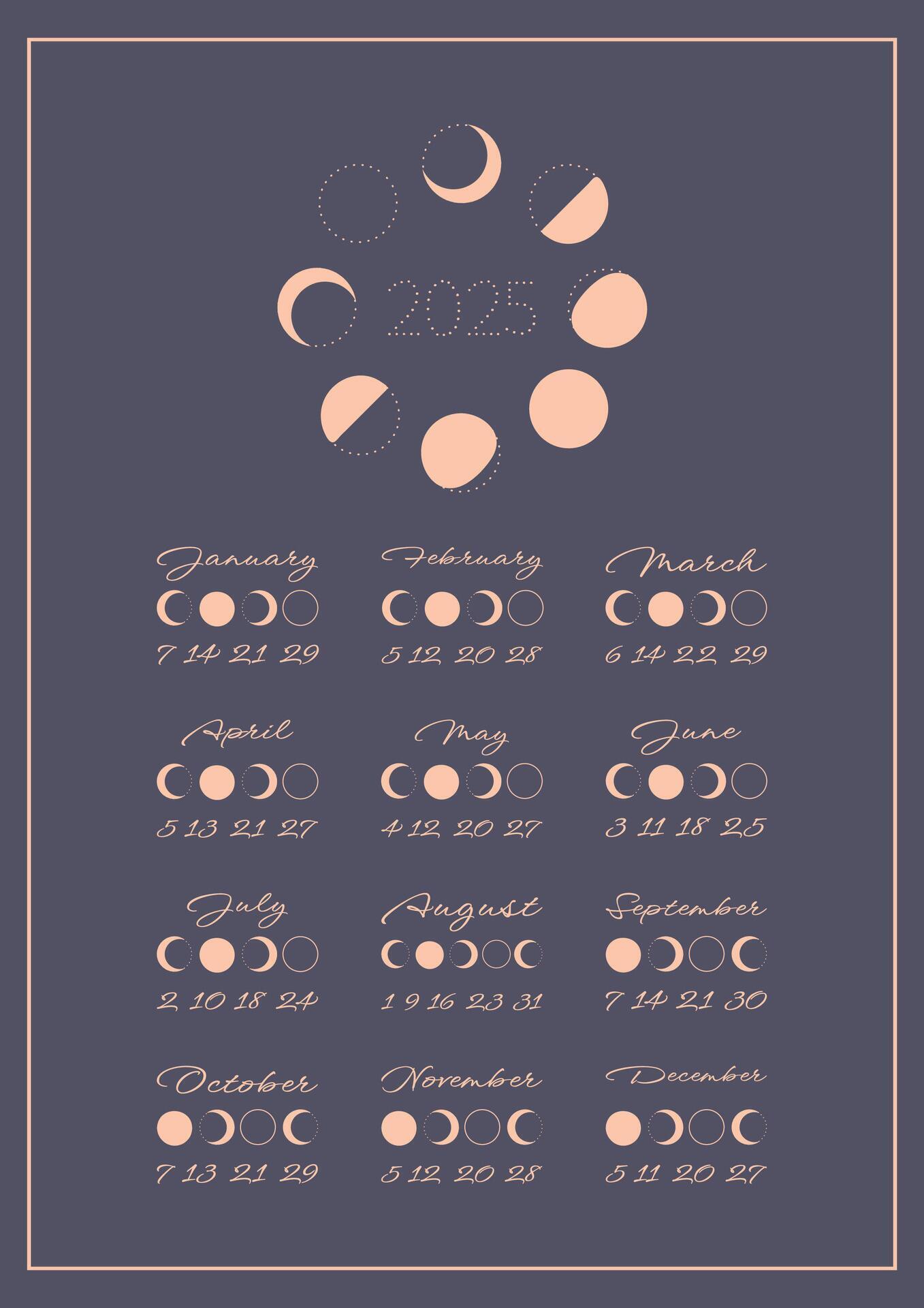 Lunar calendar, lunar monthly cycle planner for 2025 year template
