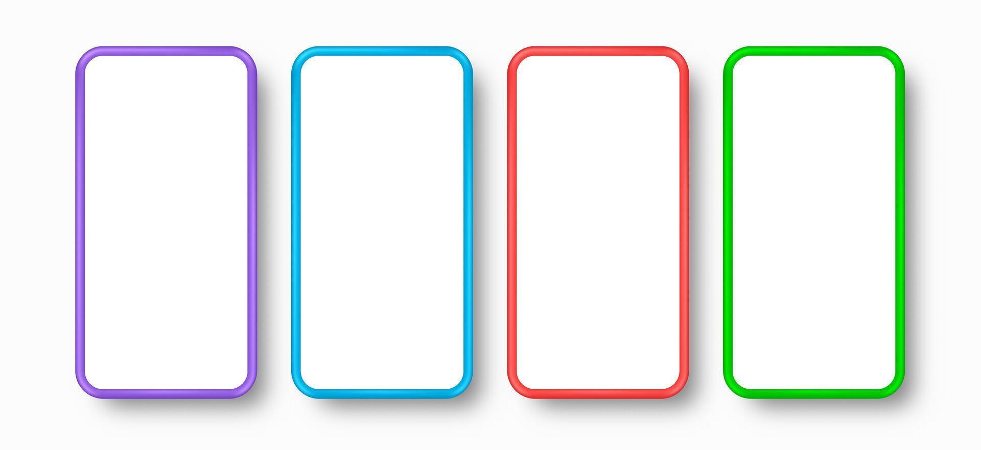 conjunto móvil teléfono con Violeta, azul, rojo y verde pantalla realista 3d diseño. vector ilustración.