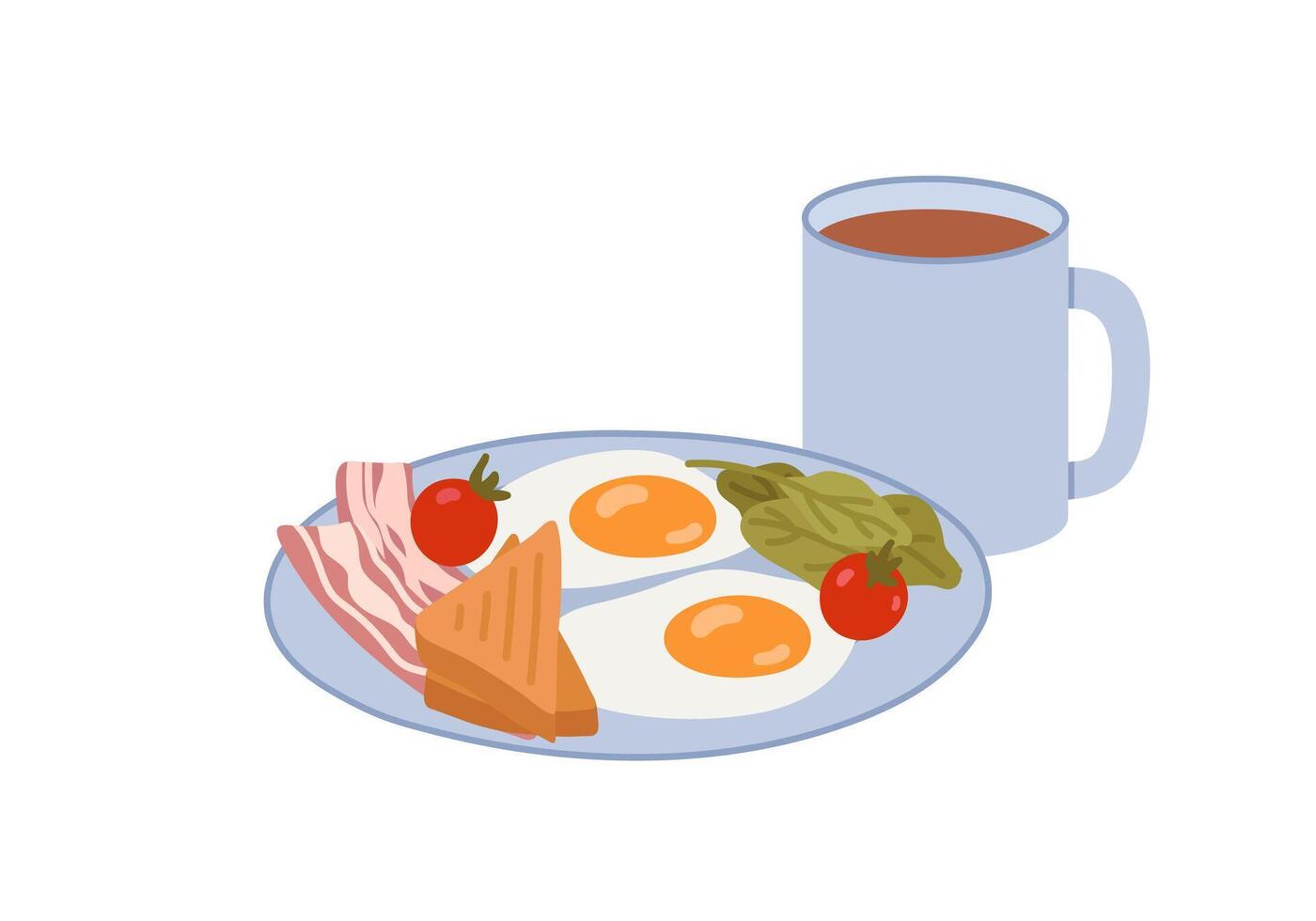 frito huevos con tocino, tostada, lechuga y Tomates. jarra de café o té. delicioso comida servido en un lámina. comida para desayuno o desalmuerzo. plano vector ilustración en blanco antecedentes