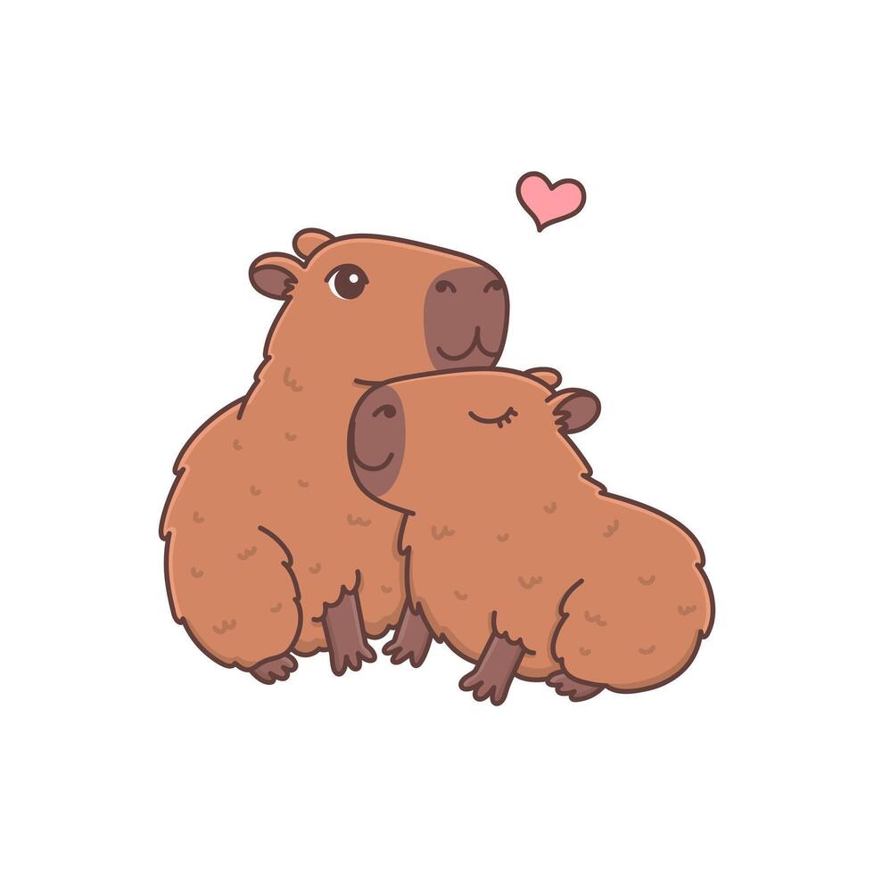 Cute hugging capybaras valentines. Funny rodent couple in love. Adorable sweet animals. Vector illustration cartoon style for holiday print isolated on white background