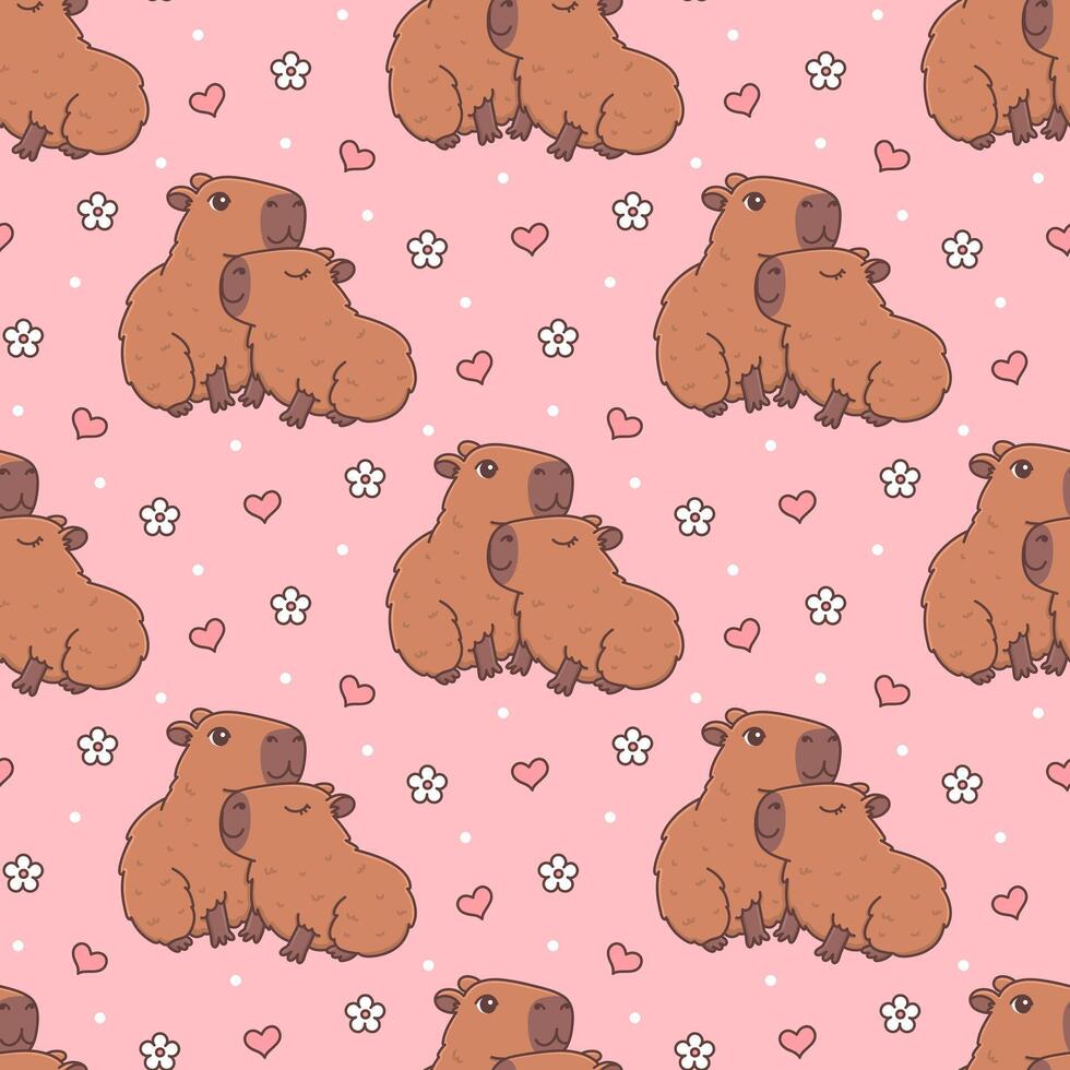 Seamless pattern with cute hugging capybaras in love. Funny cartoon rodent couple characters with heart and flower. Kawaii vector illustration on pink background. Animal print