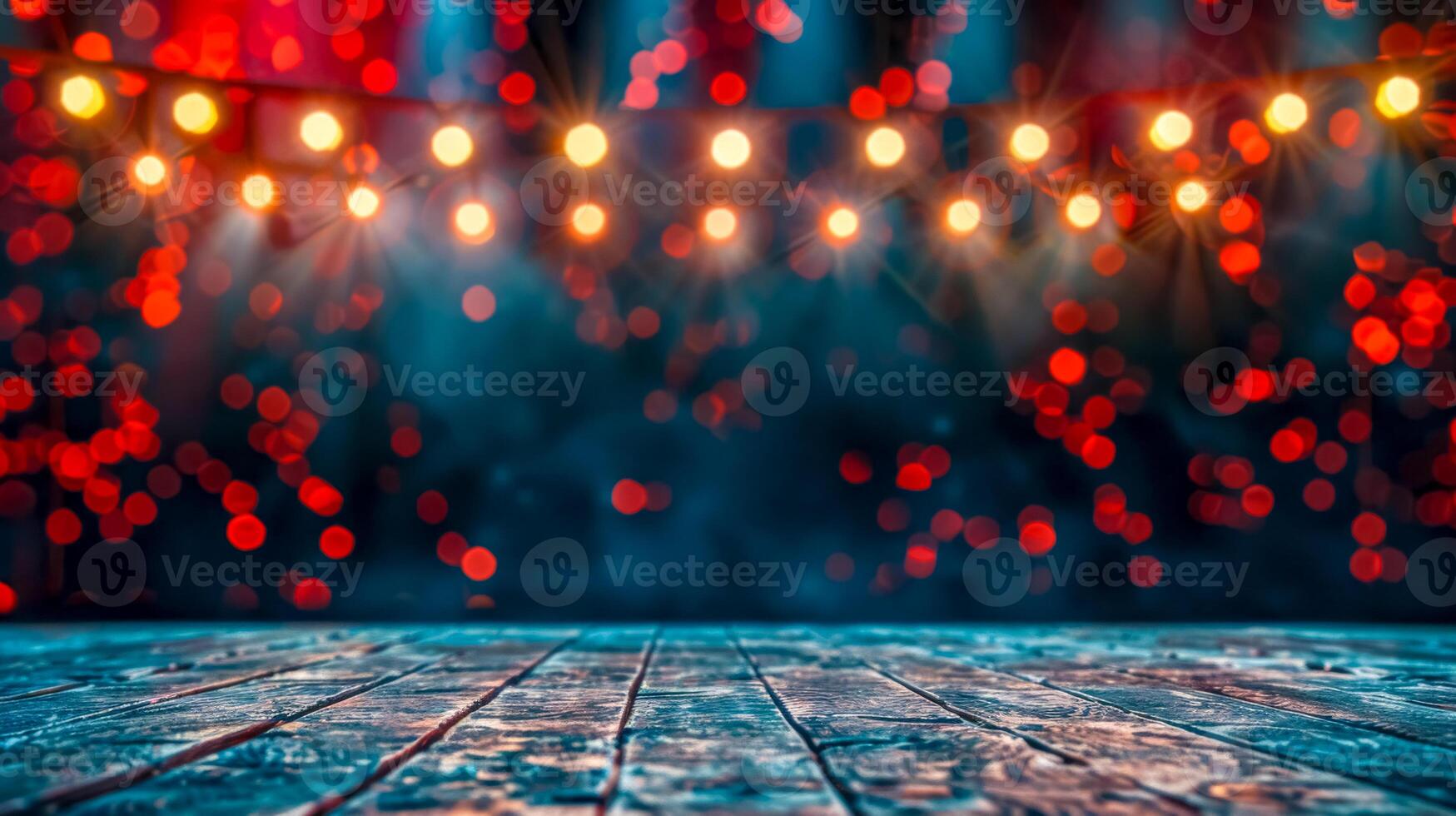 ai generado festivo luces bokeh en de madera piso foto