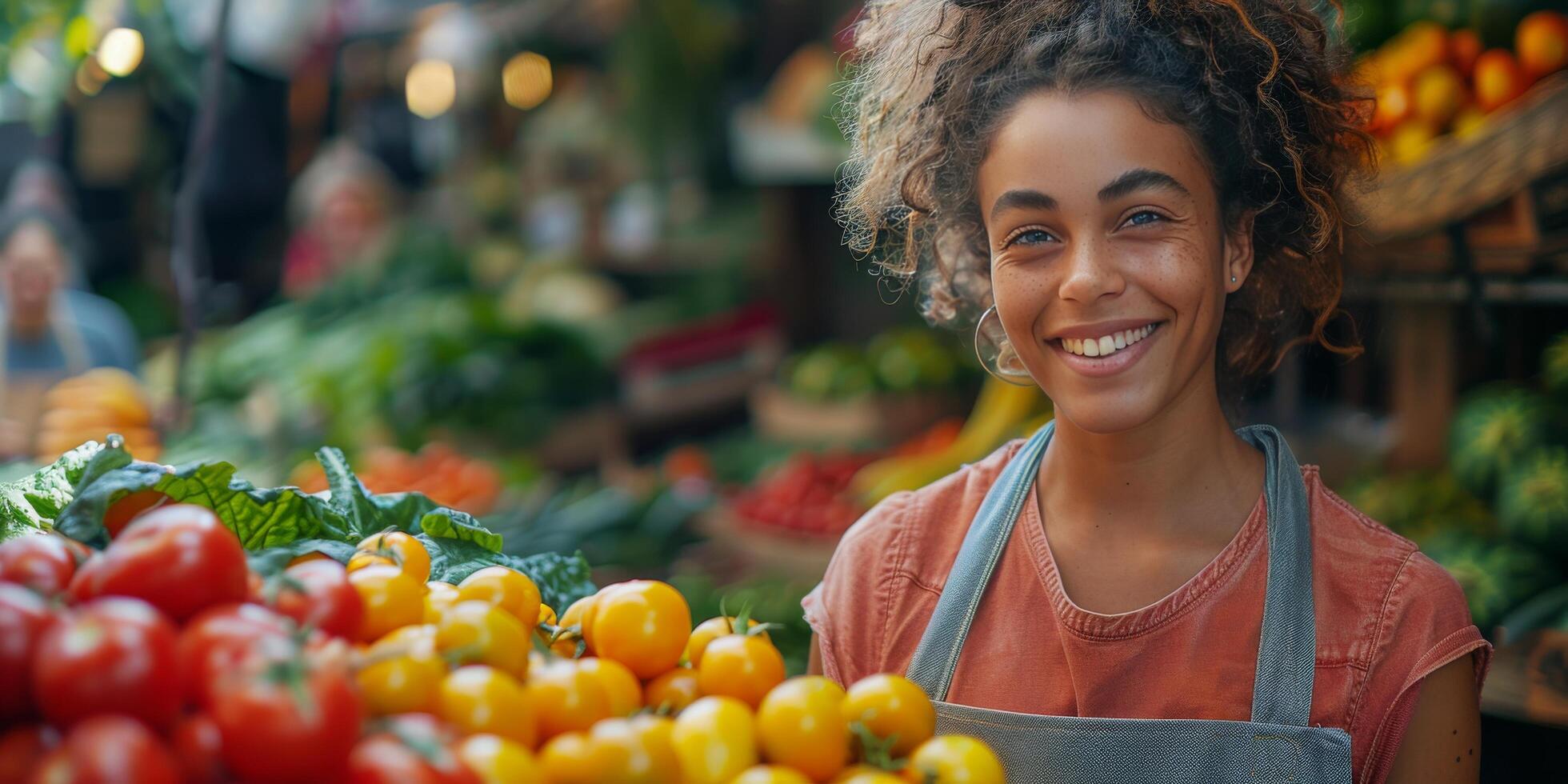 AI generated Young Girl Smiling in Front of Display of Fruits and Vegetables photo