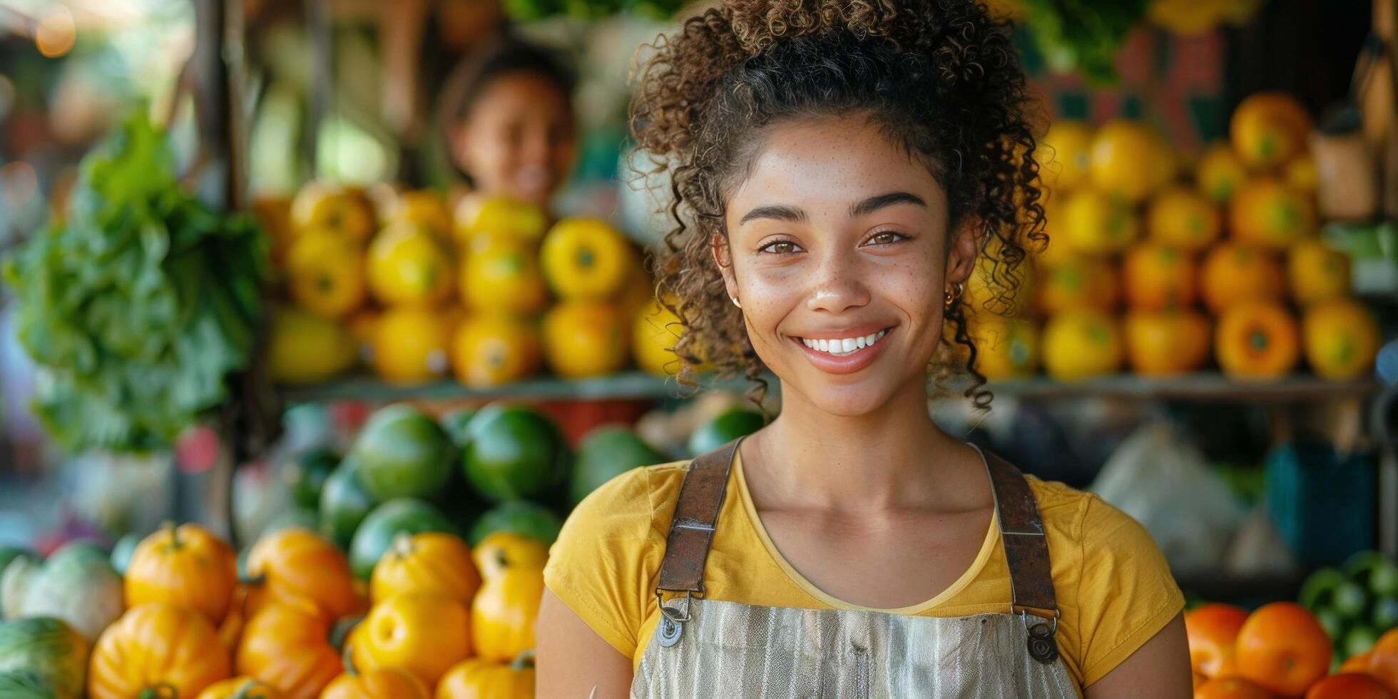 ai generado joven niña sonriente en frente de monitor de frutas y vegetales foto