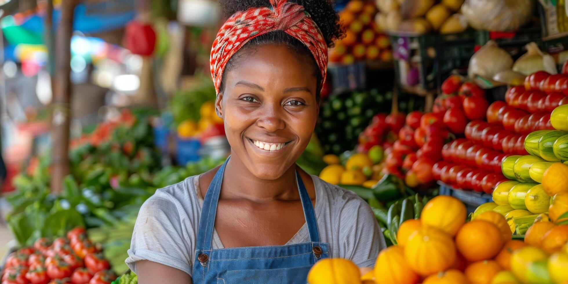 AI generated Young Girl Smiling in Front of Display of Fruits and Vegetables photo
