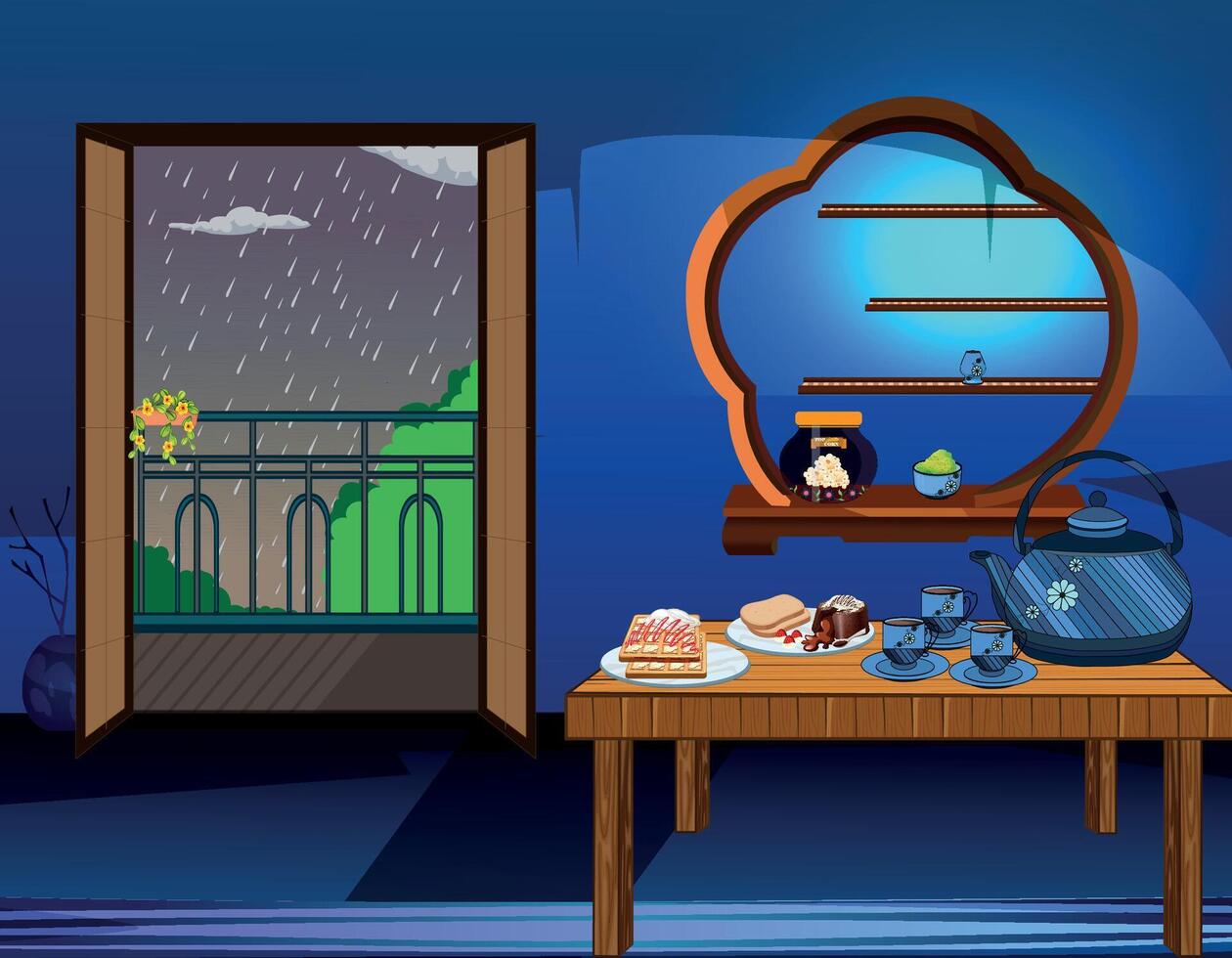 Enjoing rain with tea at night view vector