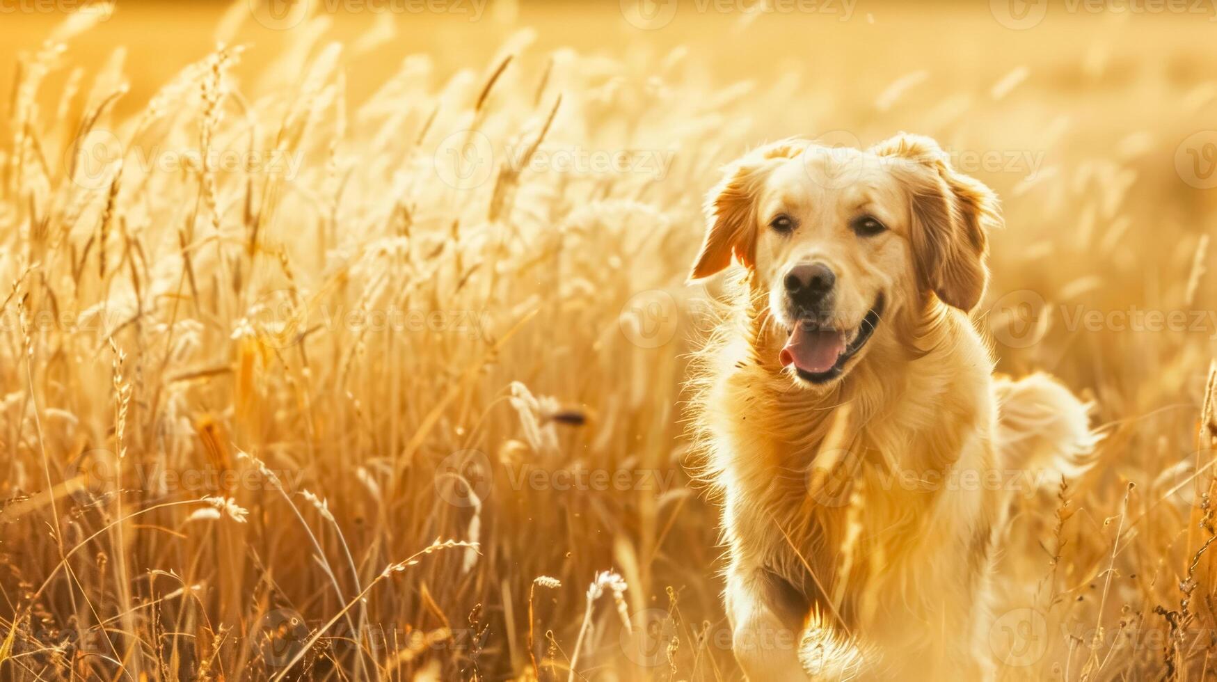 AI Generated Golden retriever enjoying sunset in wheat field photo