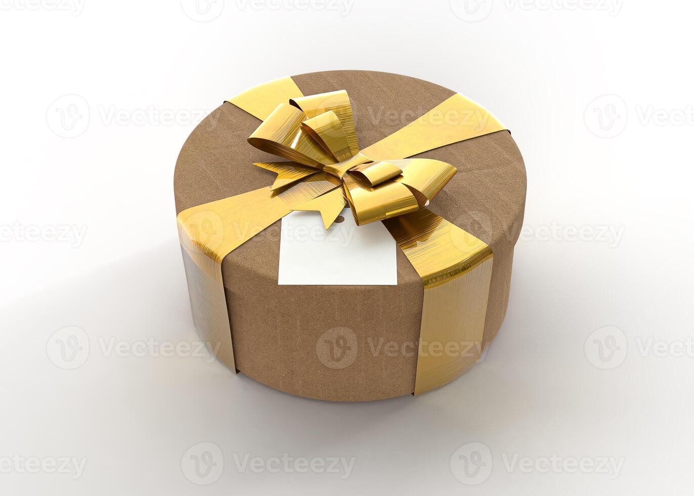 round kraft box, with yellow ribbon bow, and white tag on white background for mockup creation photo