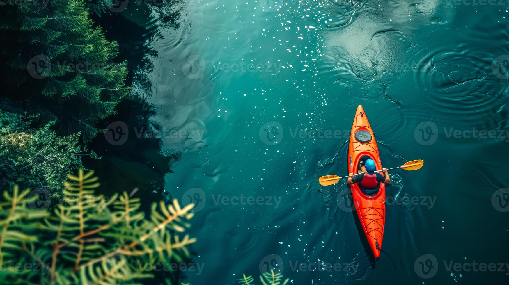 ai generado aéreo ver de solo kayakista en tranquilo lago foto