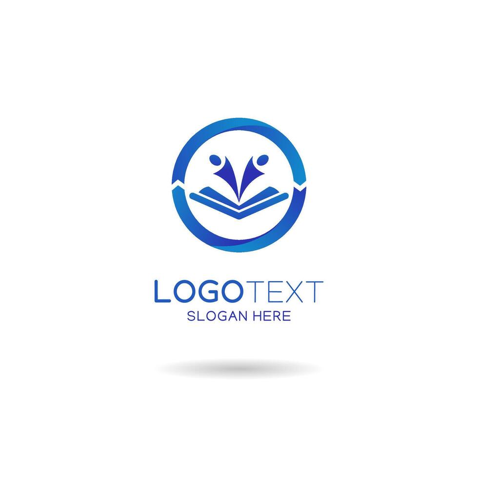 Education logo with a student and book illustration in blue color. vector
