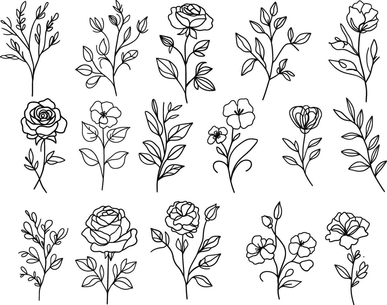 Vector set of one line art flowers. Continuous mono lines roses, leaves, branches. Blossom logos. Simple sketch, black and white. Use as floral icons and logos. Minimalistic botanical illustration.