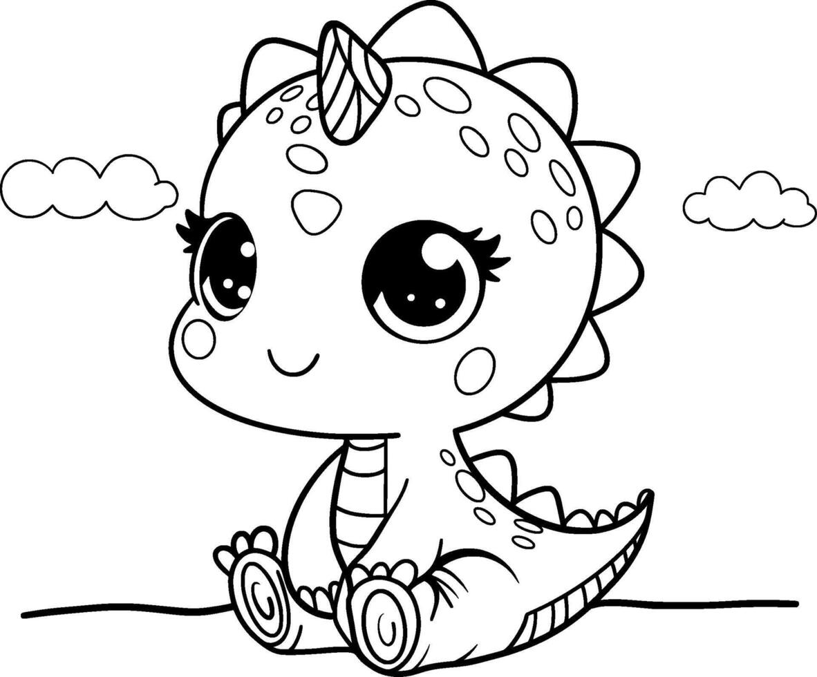 Cute Cartoon Dinosaur Sitting Peacefully on the Ground During a Sunny Day vector