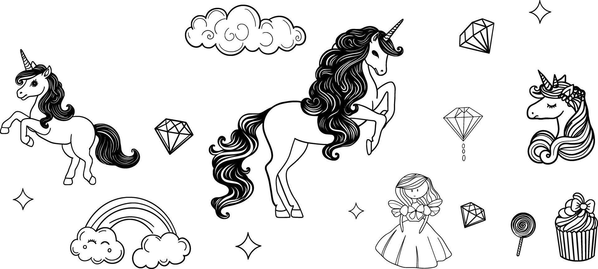 Vector black and white unicorns set. Big line collection with fairytale characters, fairy, animals with horns, castle on cloud, rainbow, falling stars, crystals, sweets. Fantasy world coloring icons.