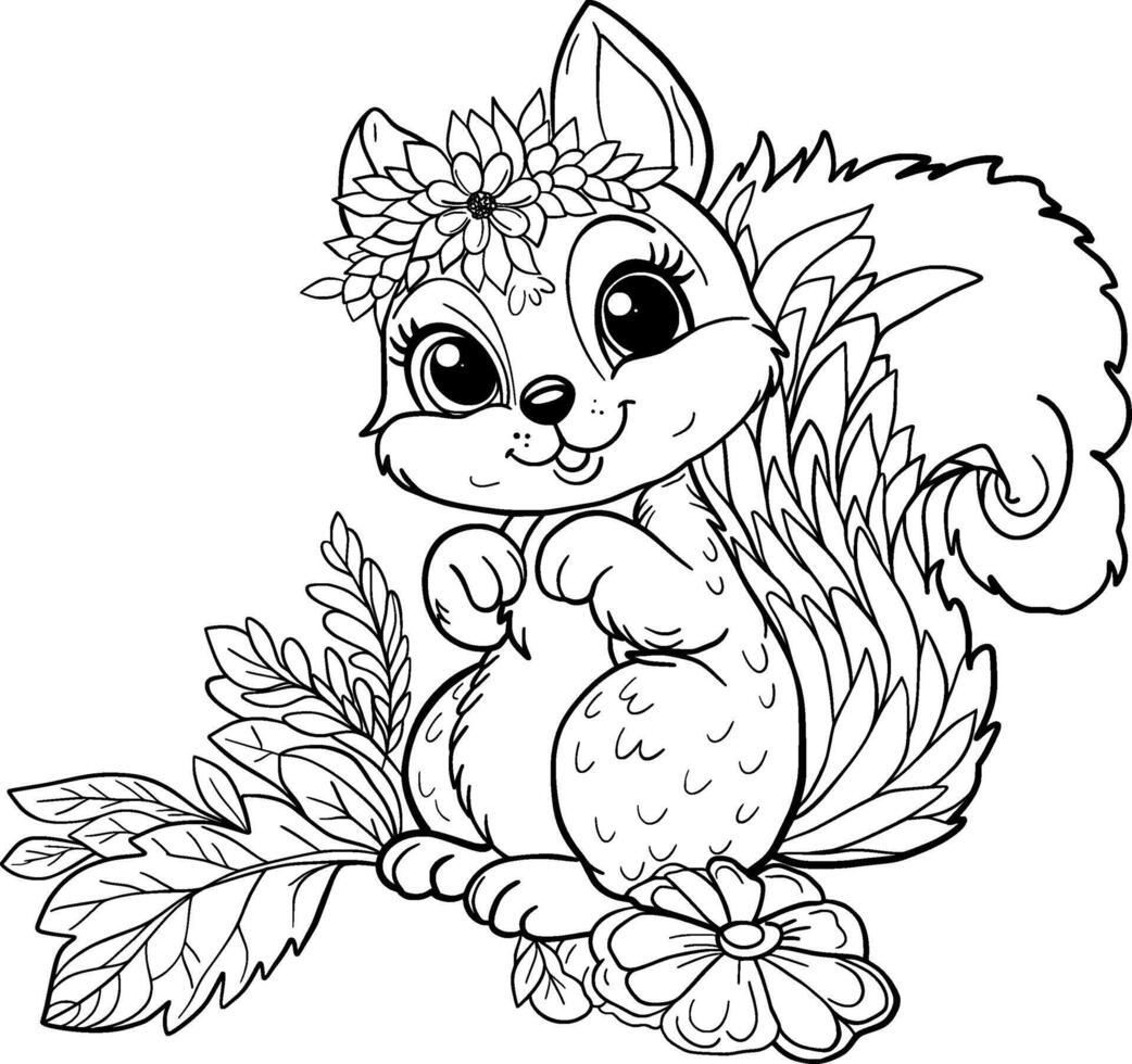 cute squirrel cartoon vector illustration. squirrel coloring book for children. Squirrel black lines.