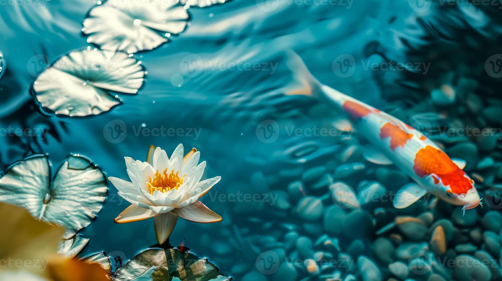 AI Generated Tranquil koi pond with water lily photo