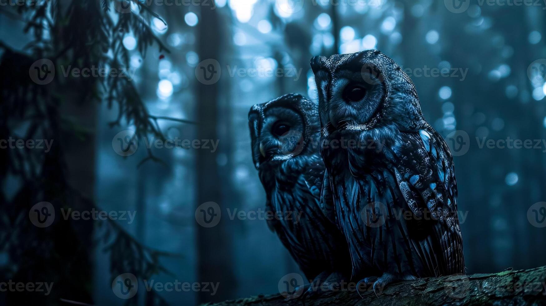 ai generado místico búhos en de luna bosque foto