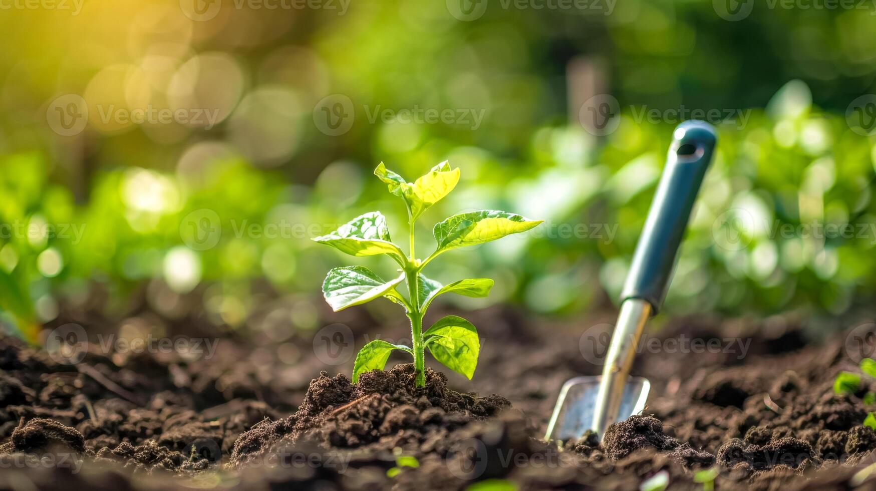 ai generado joven planta y jardín paleta en iluminado por el sol suelo foto