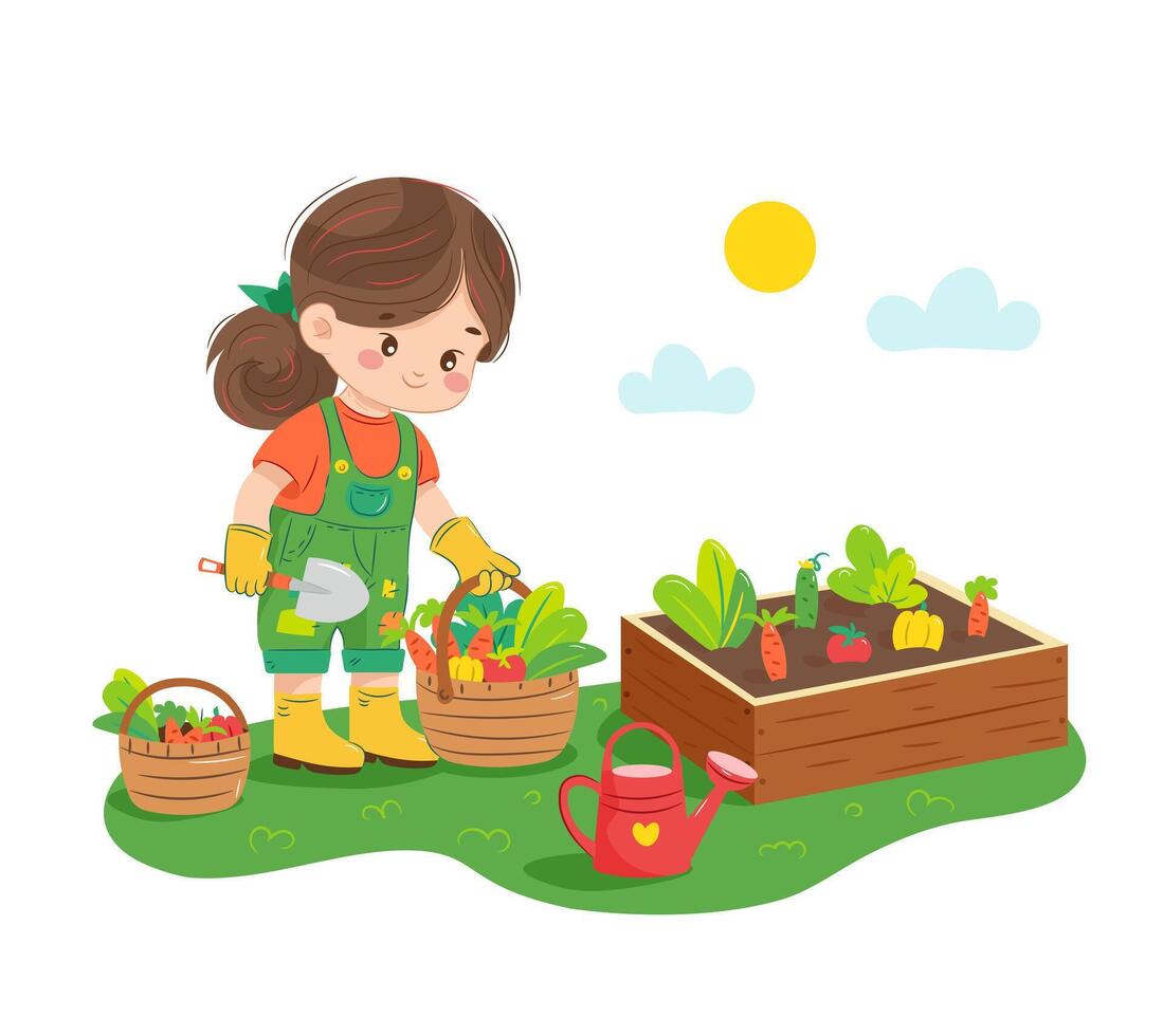 Cute little girl farmer standing and harvesting vector
