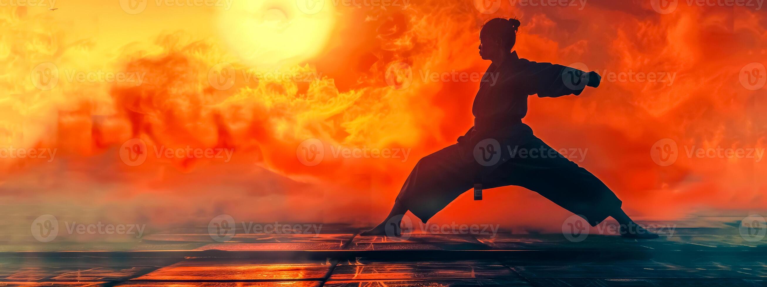 AI Generated Martial artist silhouette at sunset photo