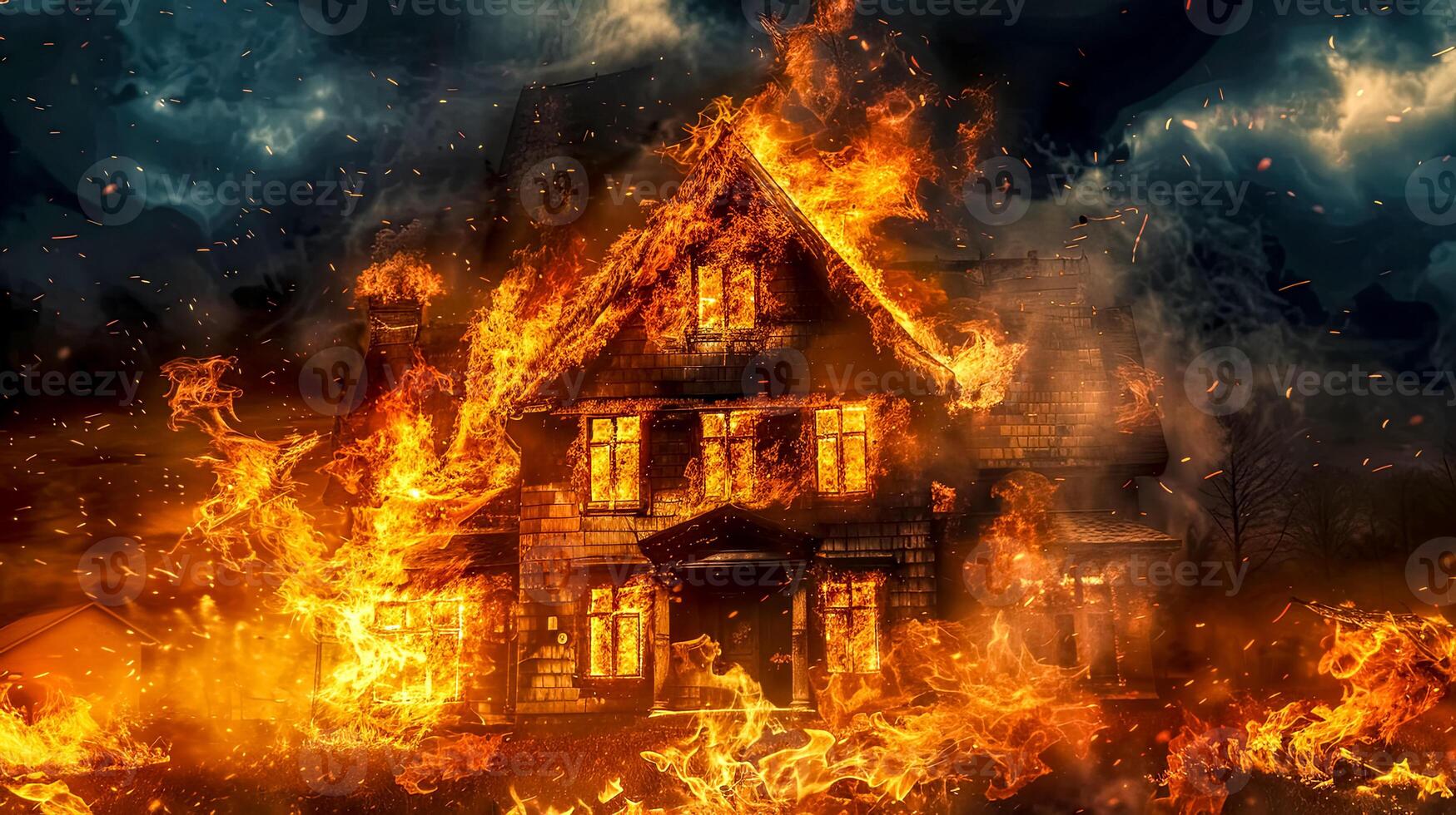 AI Generated Intense house fire at night photo