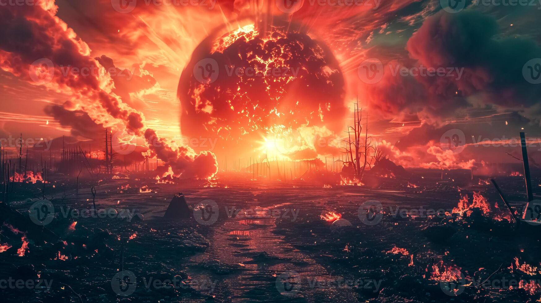 AI Generated Apocalyptic landscape with explosive sunset photo