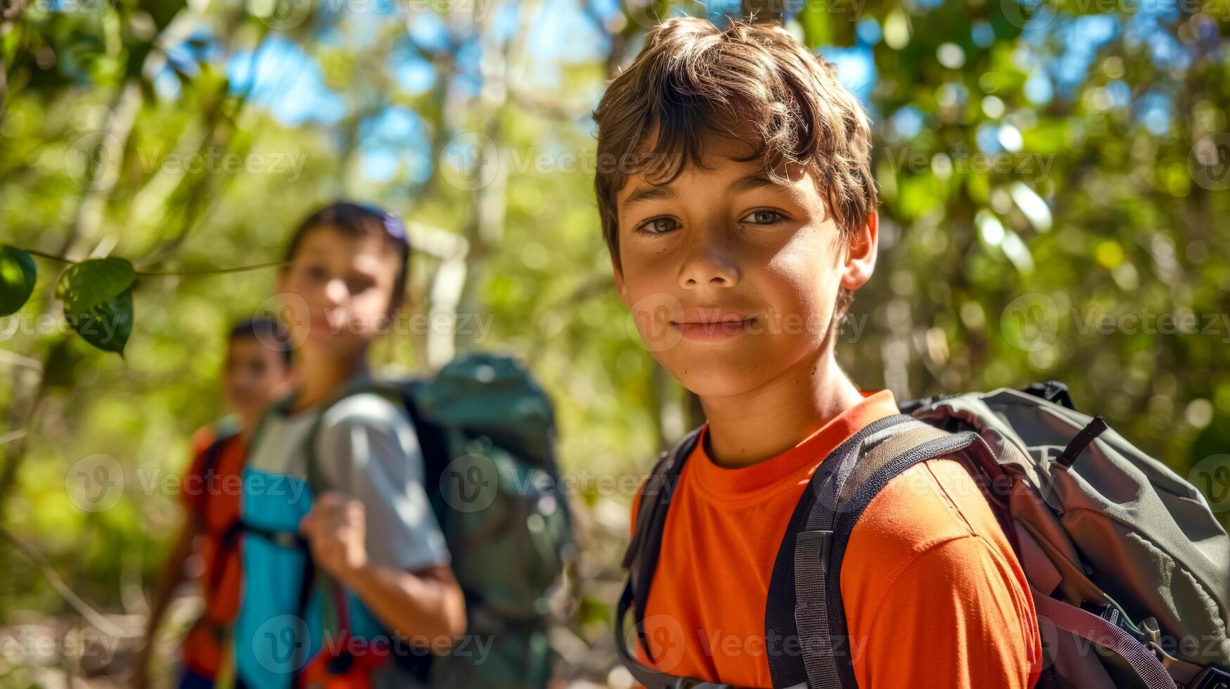 AI Generated Young hikers exploring forest trail photo