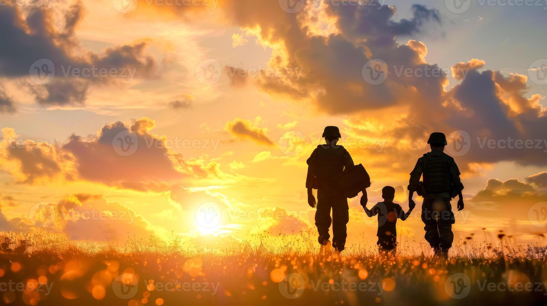 AI Generated Family walking at sunset in the field photo