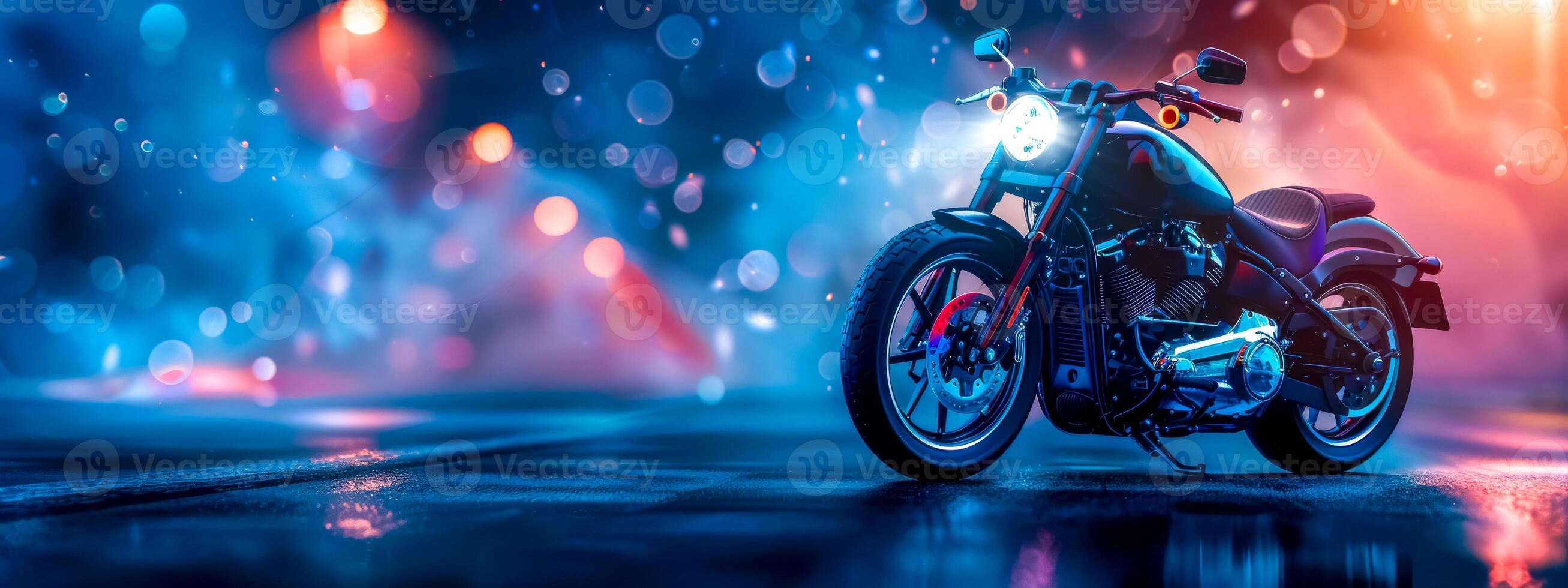 AI Generated Futuristic motorcycle on neon-lit wet street photo