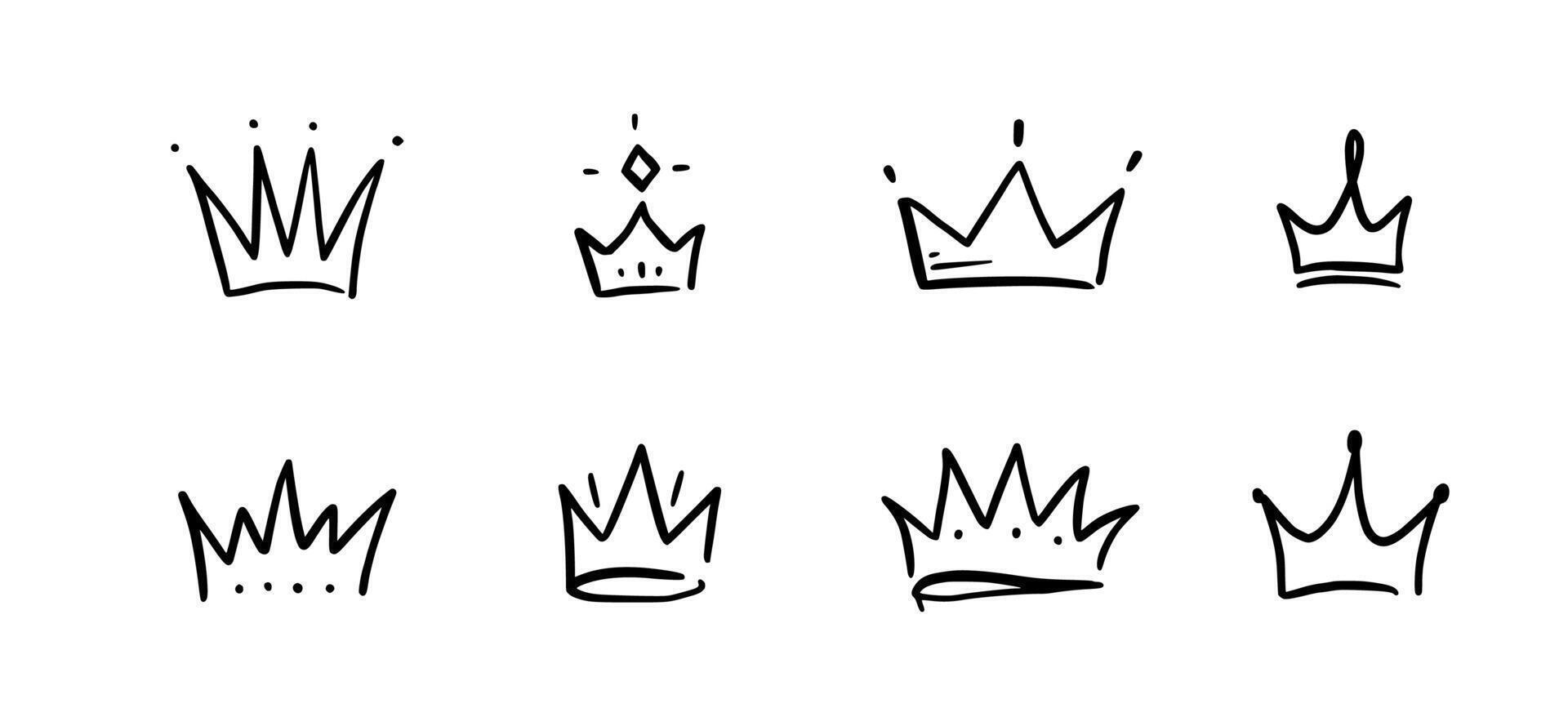 Doodle crown hand drawn set. Doodle princess crown, queen tiara. Line sketch royal element. Queen, king hand drawn simple design element. Isolated vector