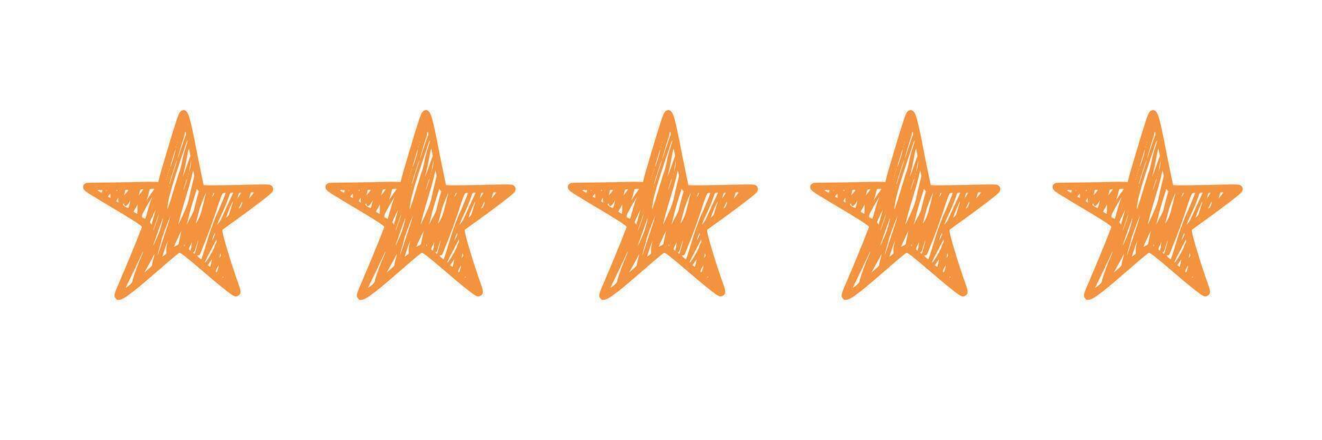 Five star doodle. Hand drawn quality, review yellow five star illustration. Award, quality, feedback concept elements. Sketch grunge style. Isolated vector