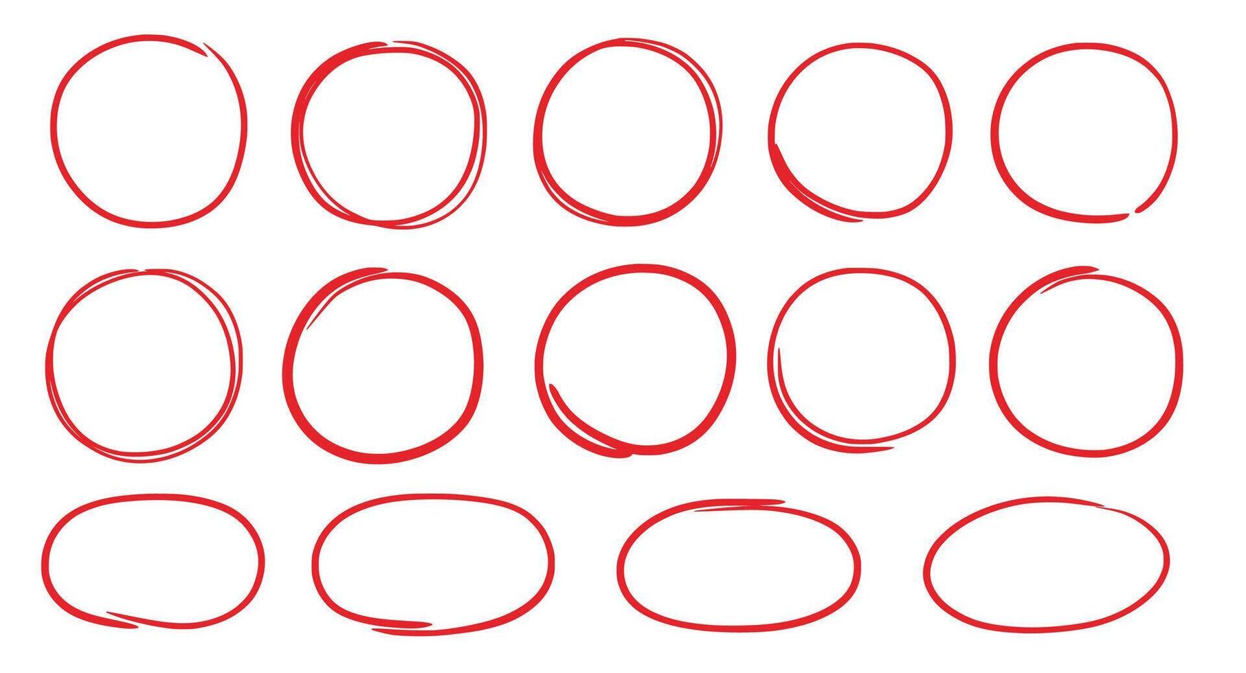 Hand drawn red oval set. Hand drawn doodle  marker, pen stroke line highlight oval frame. Scribble round frame for text highlight. Grunge scratch style set. Vector