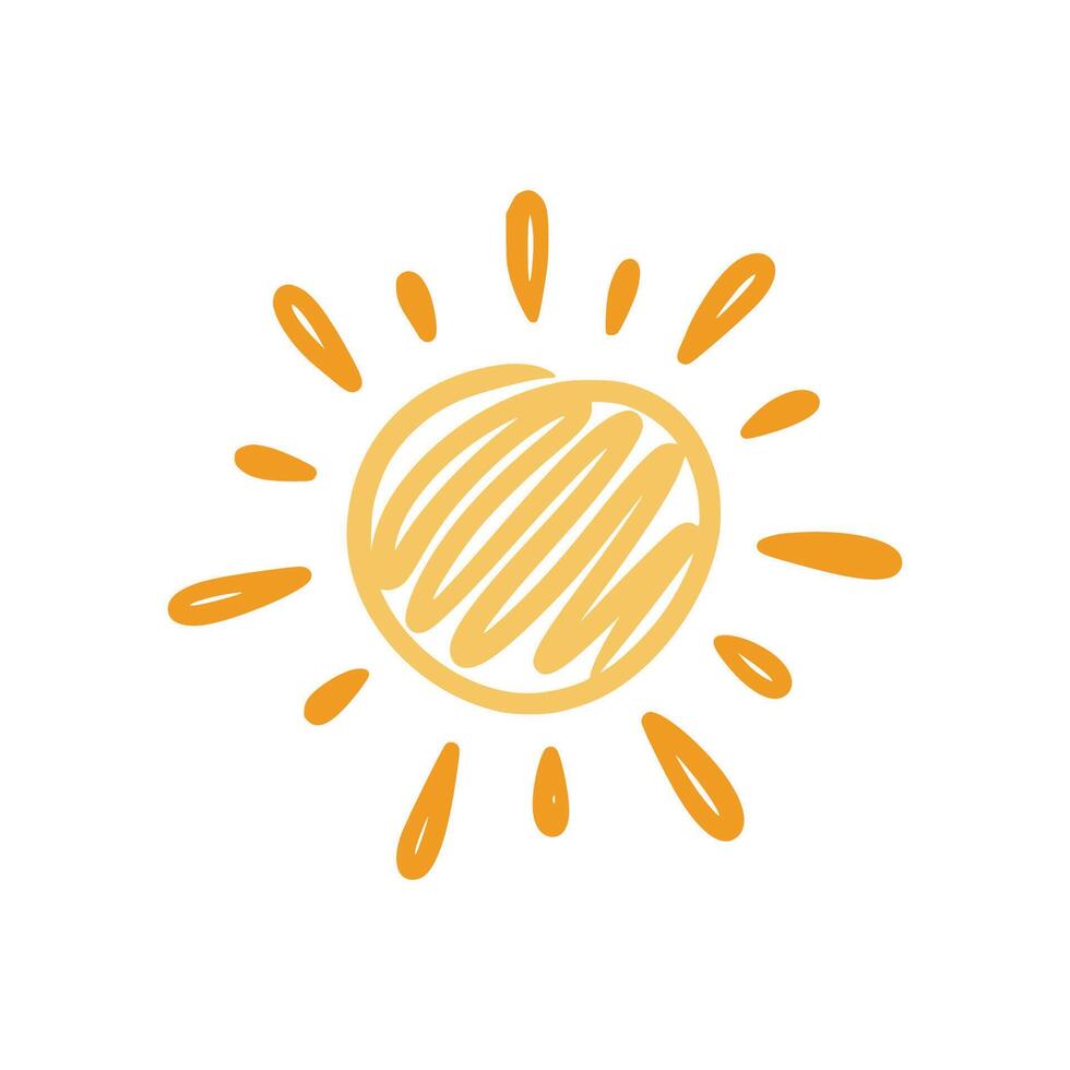 Doodle sun sketch illustration. Hand drawn cute orange sunshine. Scribble doodle children drawn style. Vector