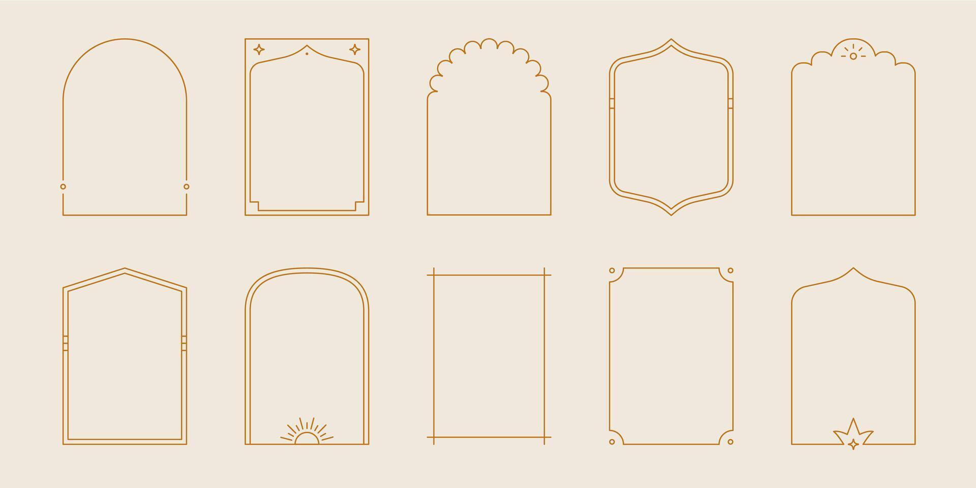 Boho mystic arch frame set. Minimal line style arch, oval shape boho frame with star, geometric element for badge, logo design. Vector