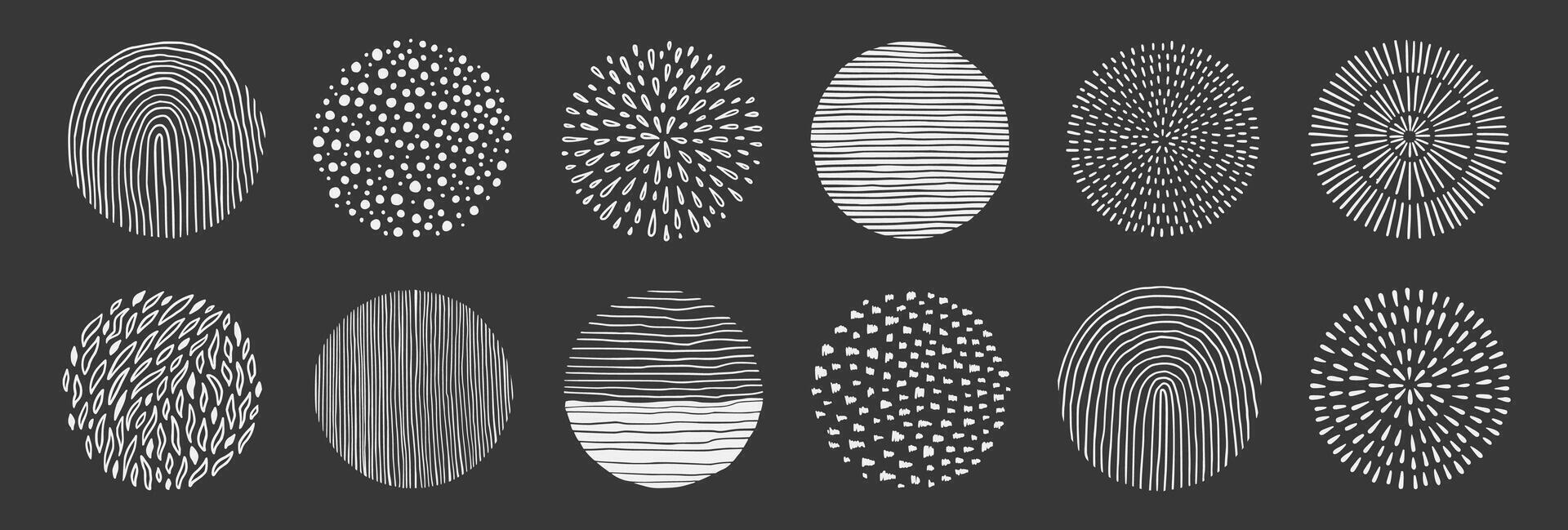 Abstract line pattern circle set. Hand drawn texture, doodle decorative line, spiral, scribble graphic round element. Circle drawn brush grunge texture. Vector