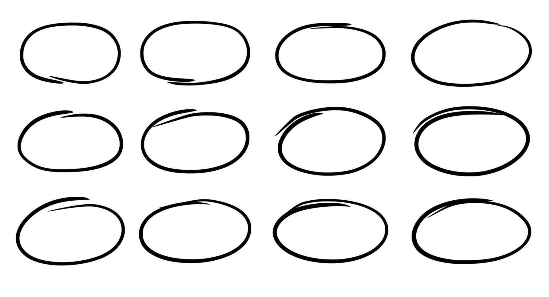 Drawn pen line oval set. Hand drawn marker stroke style doodle oval frame. Scribble round frame for text highlight. Grunge scratch style set. Vector