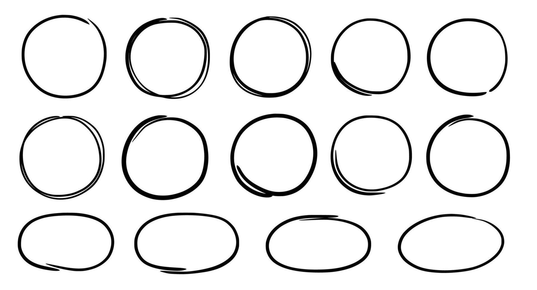 Drawn pen line oval set. Hand drawn marker stroke style doodle oval frame. Scribble round frame for text highlight. Grunge scratch style set. Vector