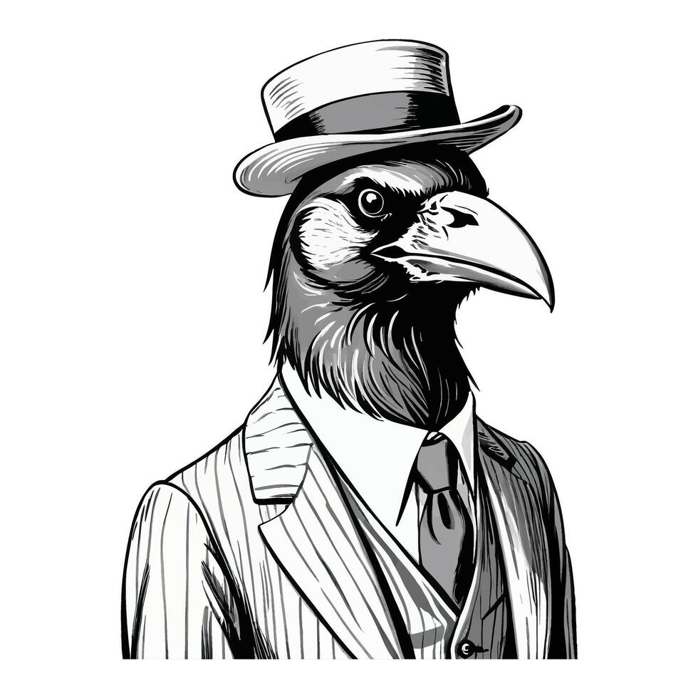 Black Crow Bird Wearing Business Suite and Hat Old Retro Vintage Engraved Ink Colored Sketch Hand Drawn Line Art vector