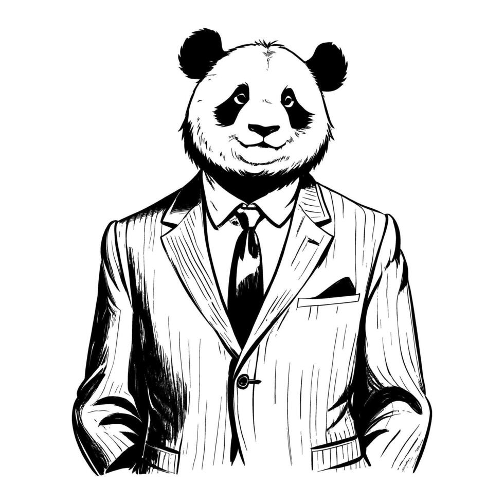 Panda Wearing Business Suite Old Retro Vintage Engraved Ink Sketch Hand Drawn Line Art vector